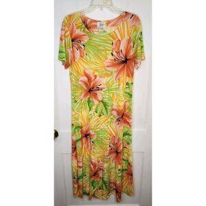 JOSTAR Sz Small Short Sleeve ORANGE HIBISCUS SLINKY Dress Hawaiian Vacation